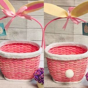 Straw Pink Easter Basket with Rabbit Ears Cotton Tail NEW